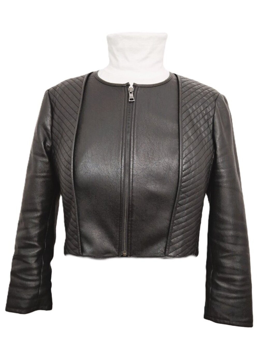 BCBGMAXAZRIA Vegan Leather Crop Jacket Sz Lg Black Lined Quilted Zip